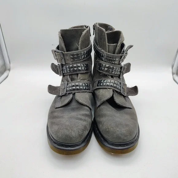 Dr. Martens Original Hayley Grey Suede Buckle Zip Up Ankle Boots Womens Size 10L - Picture 4 of 8